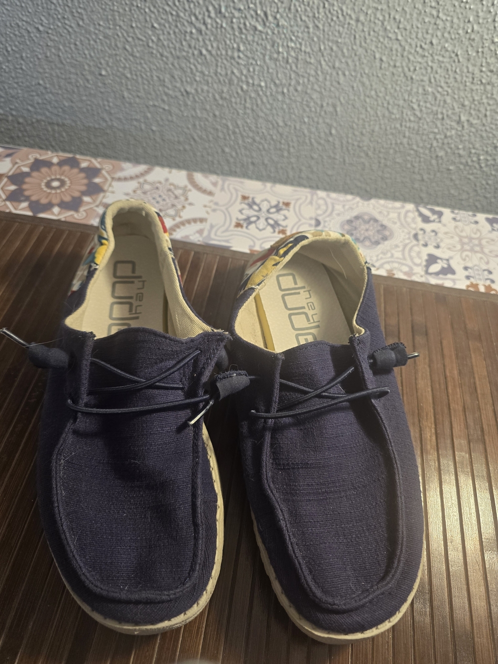 Hey Dude Casual Slip-On Sneakers in Navy with Tan Soles - Picture 1 of 4